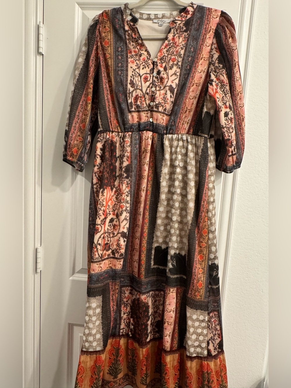 Polagram Patchwork Maxi Dress in Peach, Brown and Black